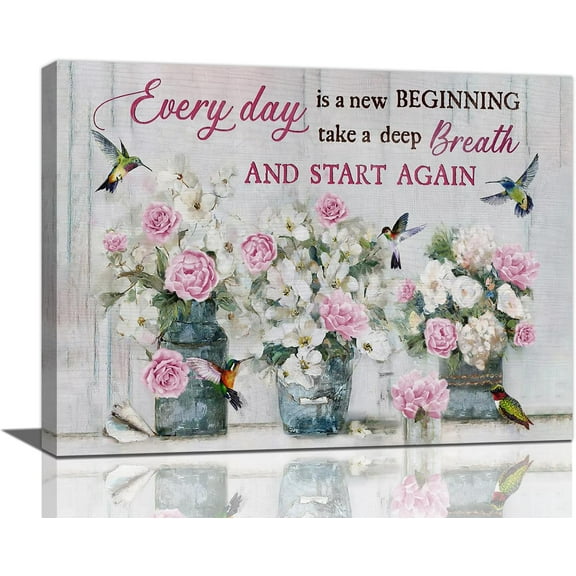 Farmhouse Flower Bathroom Decor Wall Art Pink Rose Pictures Painting Rustic Floral Canvas Prints Everyday is a New Beginning Modern Artwork Home Decoration for Bathroom Bedroom Office