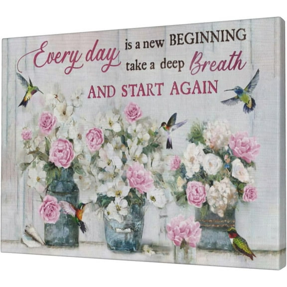 Farmhouse Flower Bathroom Decor Wall Art Pink Rose Pictures Painting Rustic Floral Canvas Prints Everyday is a New Beginning Modern Artwork Home Decoration for Bathroom Bedroom Office 16"x12"