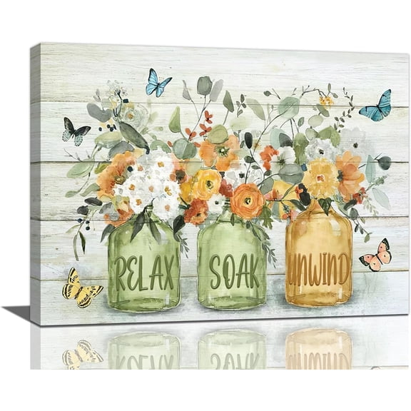 Farmhouse Flower Bathroom Decor Wall Art Rustic Butterfly Floral Pictures Wall Decor Relax Soak Unwind Bathroom Sign Canvas Painting Prints Artwork Home Decorations Framed for Bedroom 12inx16in