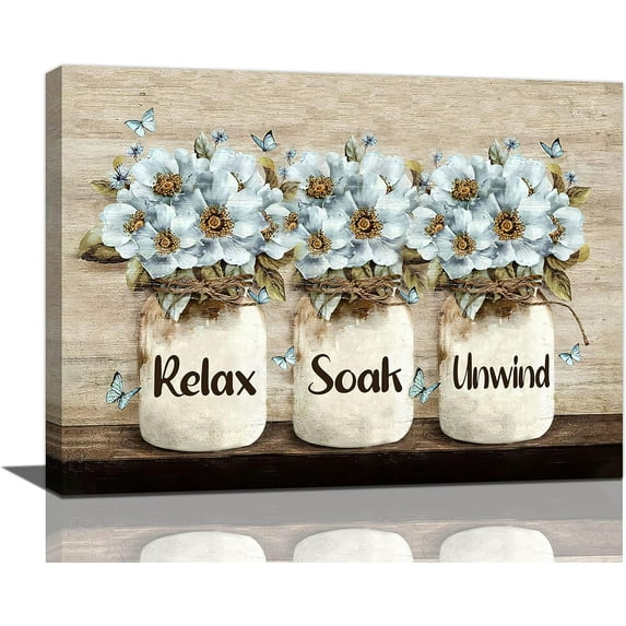 Farmhouse Flower Bathroom Decor Wall Art Rustic Butterfly Floral Pictures Wall Decor Relax Soak Unwind Bathroom Sign Canvas Painting Prints Artwork Home Decorations Framed for Bathroom Bedroom 16"x12"