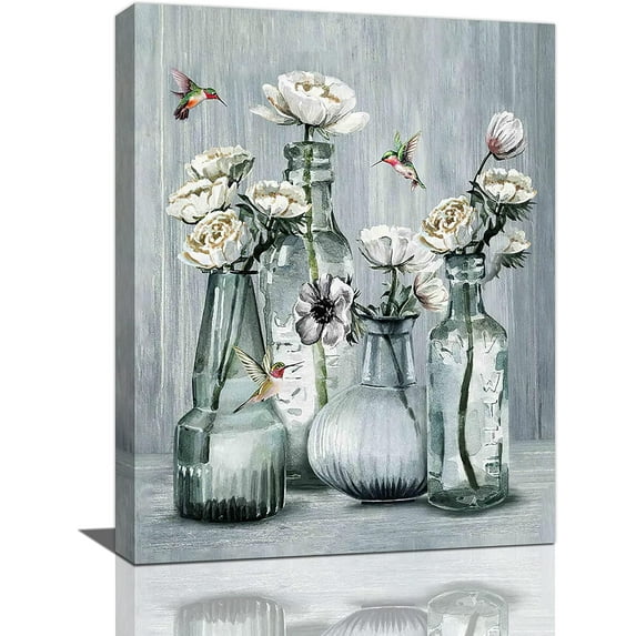 Farmhouse Flower Bathroom Decor Wall Art Rustic Country Hummingbird Jar Vase Bottle Floral Pictures Wall Decor Canvas Painting Prints Artwork Home Decorations Framed for Bedroom Kitchen 12"x16"