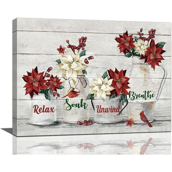 Farmhouse Flower Bathroom Decor Wall Art Rustic Country Red Green Floral Cardinals Pictures Wall Decor Relax Soak Unwind Bathroom Sign Canvas Painting Prints Artwork Unframed for Bathroom