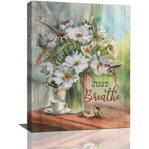 Farmhouse Flower Bathroom Decor Wall Art Rustic Daisy Hummingbird Pictures Green Floral Canvas Wall Decor Just Breathe Framed Artwork for Bathroom Bedroom Kitchen Bedroom 12''''x16''''