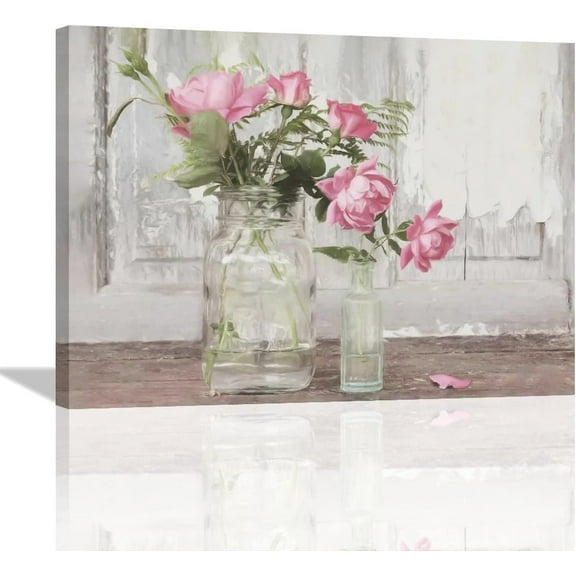 Farmhouse Flower Bathroom Decor Wall Art Rustic Floral Pictures Floral Decor Flower Canvas Painting Flower Decorations Framed Artwork for Bathroom Kitchen Bedroom 16"x12"