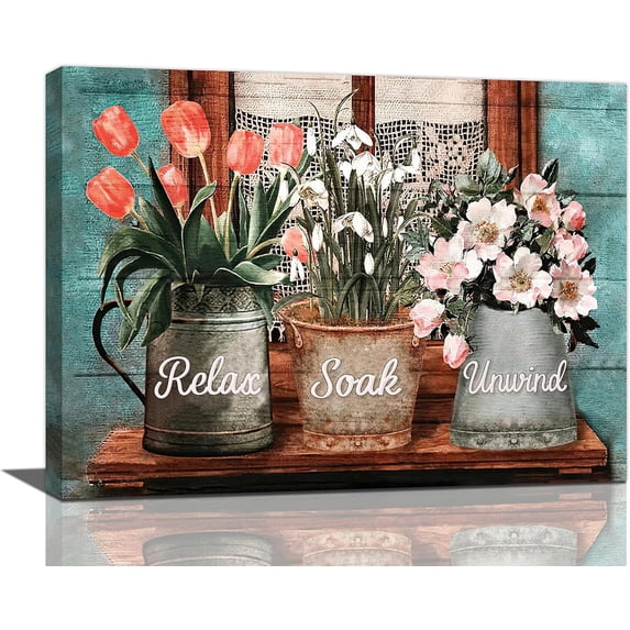 Farmhouse Flower Bathroom Decor Wall Art Rustic Floral Plant Pictures Wall Decor Relax Soak Unwind Bathroom Sign Canvas Painting Prints Artwork Home Decor Framed for Bathroom Bedroom 16"x12"