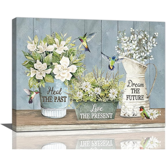 Farmhouse Flower Bathroom Decor Wall Art Rustic Hummingbird Inspirational Quotes Floral Pictures Wall Decor Canvas Painting Prints Artwork Home Decorations Framed for Bedroom Living Room 16"x12"