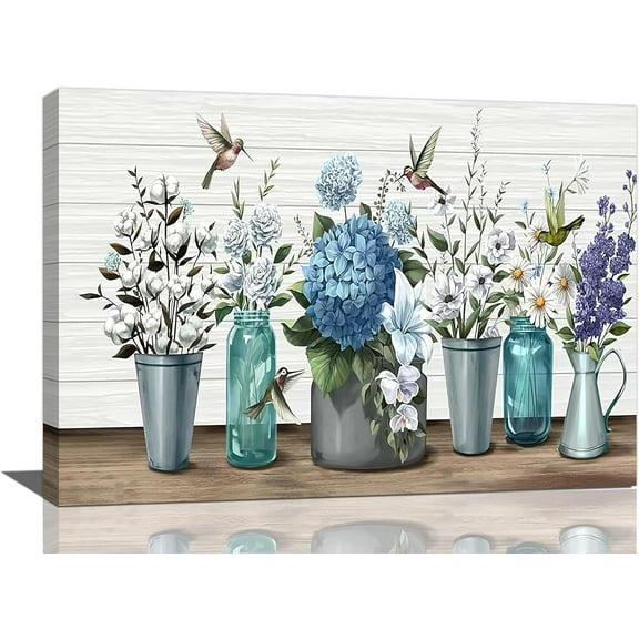 Farmhouse Flower Bathroom Decor Wall Art Rustic Hummingbird Pictures Wall Decor White Floral Canvas Painting Prints Artwork Home Decorations Framed for Bedroom 12inx16in