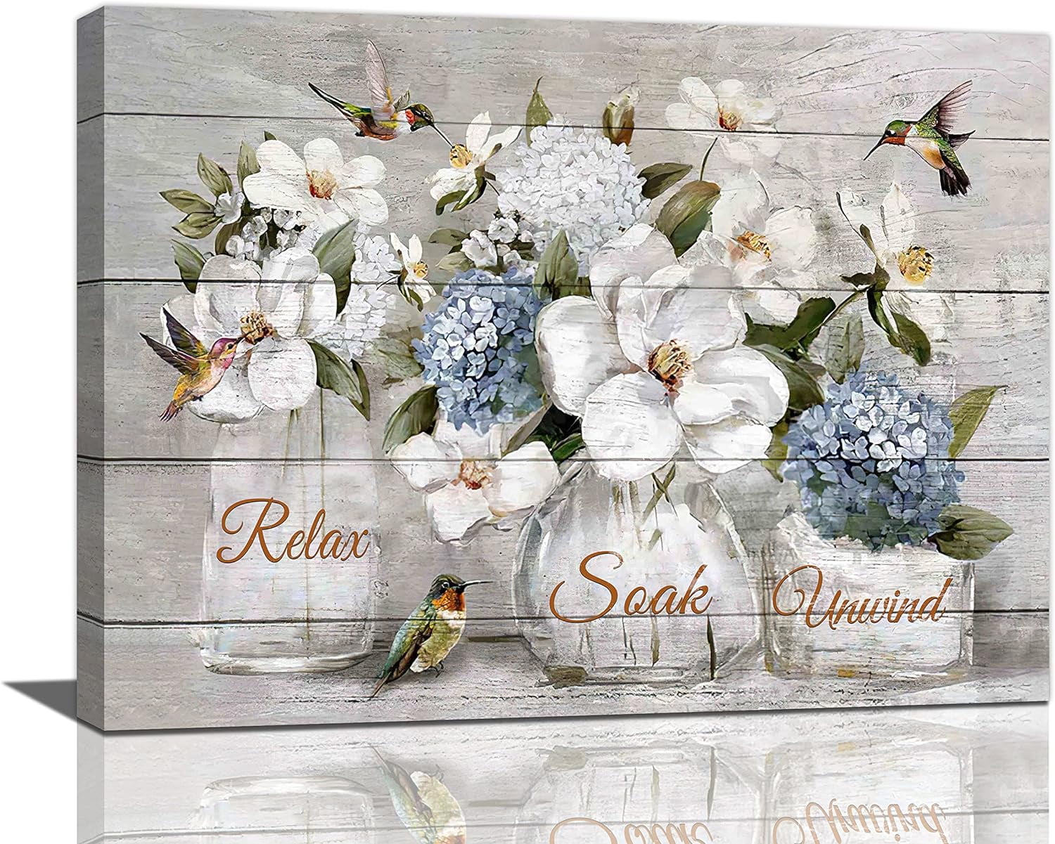 Farmhouse Flower Bathroom Decor Wall Art Rustic Hummingbird White
