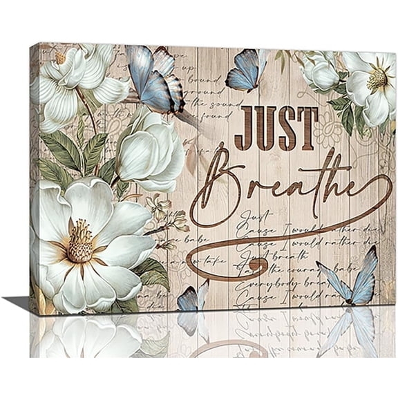 Farmhouse Flower Bathroom Decor Wall Art Rustic Hummingbird White Floral Pictures Wall Decor Just Breathe Canvas Painting Prints Artwork Home Decorations Framed for Bedroom12inx16in