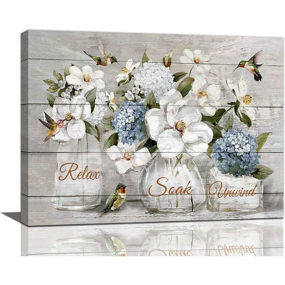 Farmhouse Flower Bathroom Decor Wall Art Rustic Hummingbird White Floral Pictures Wall Decor Relax Soak Unwind Bathroom Sign Canvas Painting Prints Artwork Home Decorations Framed for Bedroom 16"x12"
