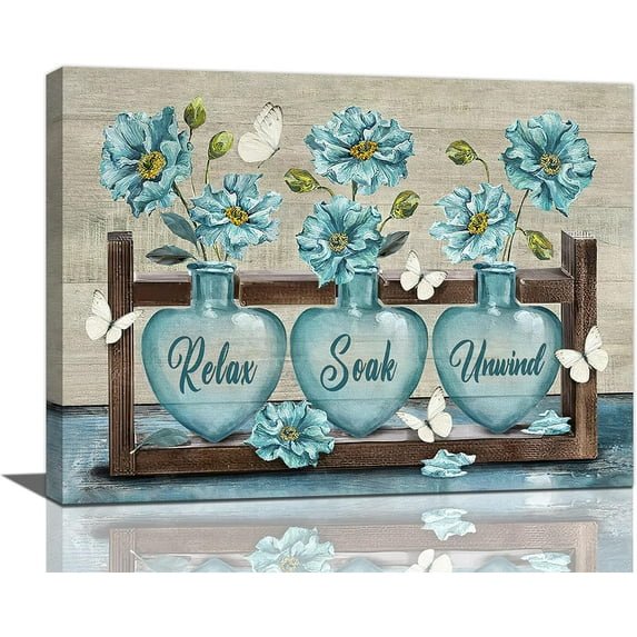 Farmhouse Flower Bathroom Decor Wall Art Vintage Butterfly Floral Pictures Wall Decor Relax Soak Unwind Bathroom Sign Canvas Painting Prints Artwork Home Decorations Framed for Bathroom 16"x12"