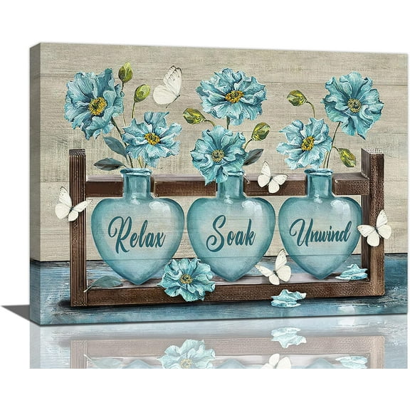 Farmhouse Flower Bathroom Decor Wall Art Vintage Butterfly Floral Pictures Wall Decor Relax Soak Unwind Bathroom Sign Canvas Painting Prints Artwork Home Decorations Framed for Bathroom 16"x12"