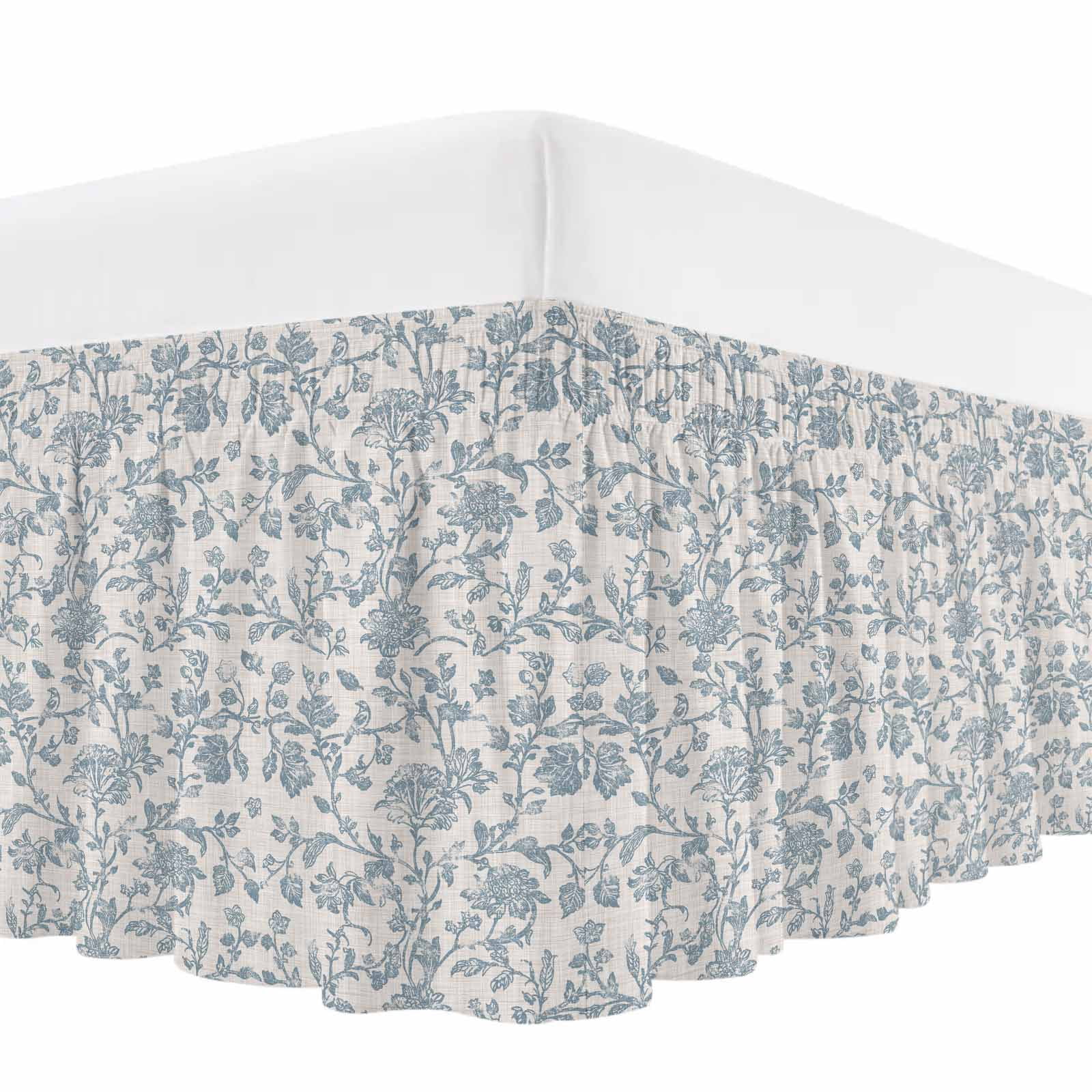 Farmhouse Flower Bed Skirt King Size, Botanical Vintage Light Blue Leaf Wrap Around Bed Skirting with Adjustable Elastic Strap, Dust Ruffled Pleated Bedskirts 18 Inch Drop for Bedroom King Beds