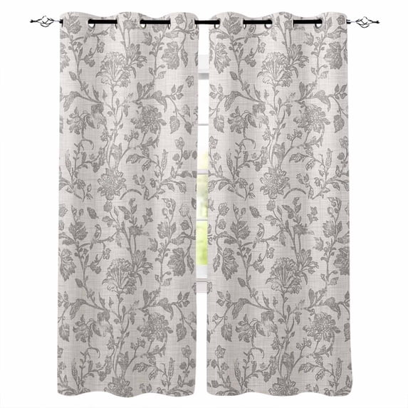 Farmhouse Flower Blackout Curtains 39 Inches Long for Bedroom, Botanical Vintage Grey Leaf Plant Thermal Insulated Room Darkening Black Out Window Curtain Panels Grommet Drapes for Living Room