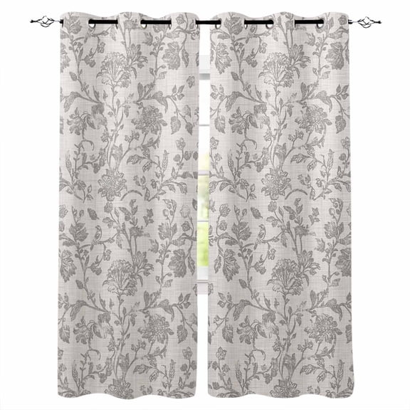 Farmhouse Flower Blackout Curtains 39 Inches Long for Bedroom, Botanical Vintage Grey Leaf Plant Thermal Insulated Room Darkening Black Out Window Curtain Panels Grommet Drapes for Living Room