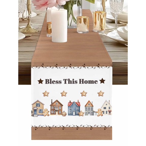 Farmhouse Flower Bless This Home Table Runner-36 Inch Long Rustic Shining Star Wood Table Runners Linen Burlap Tablerunner for Kitchen Dining Room Holiday Party