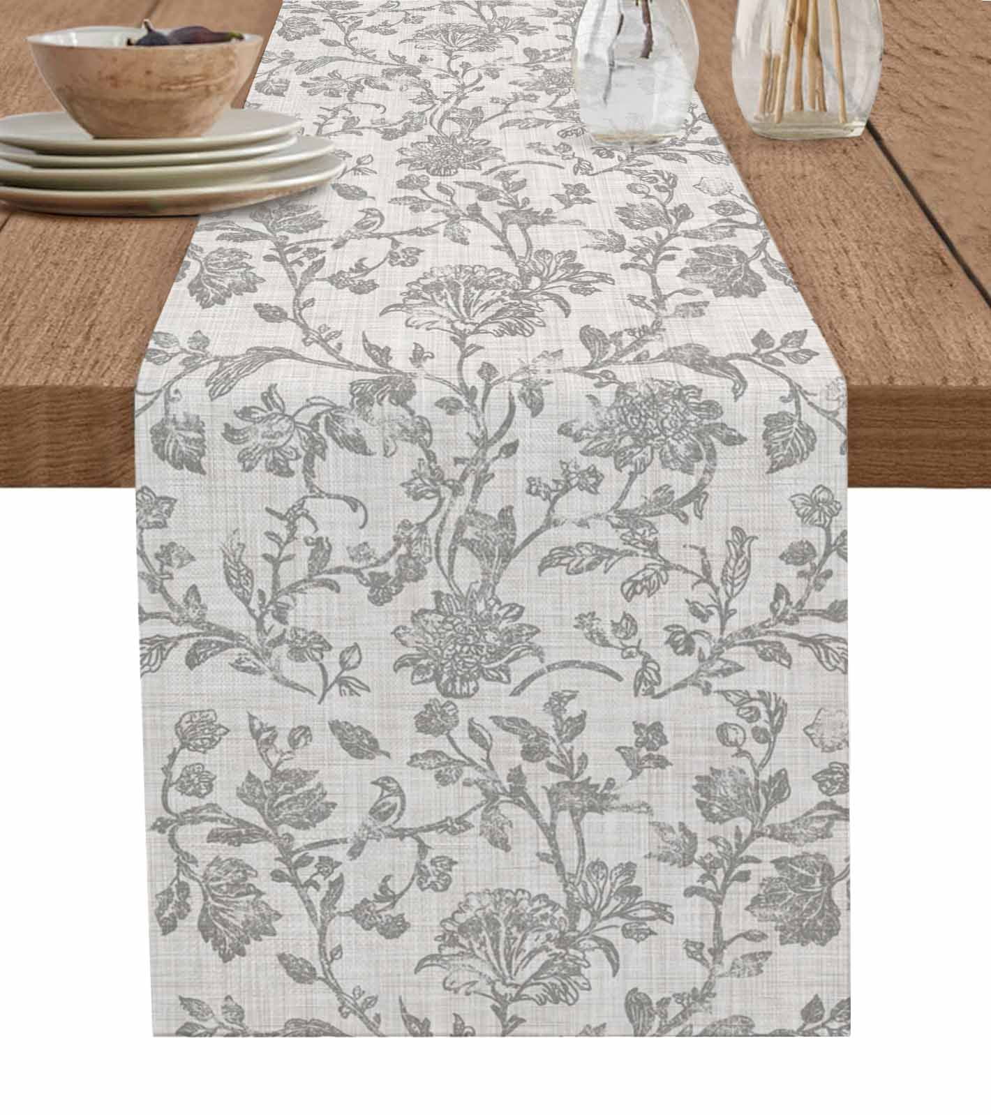 Farmhouse Flower Burlap Cotton Table Runner 13x120 Inches Long, Botanical Vintage Grey Leaf Plant Farmhouse Table Runners, Outdoor Dining Tablecloths Decor for Baby Shower/Party/Wedding