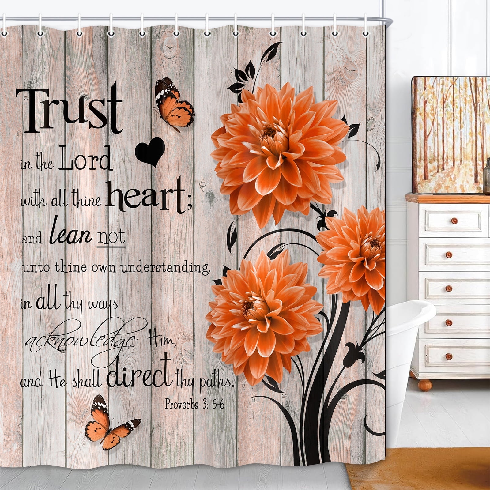 Rustic Orange Dahlia Farmhouse Shower Curtain - Washable Fabric Bath Set with Hooks, 72x84 Inch