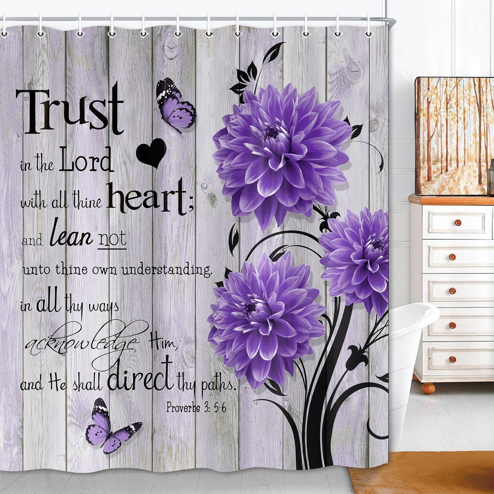 Farmhouse Flower Butterfly Bathroom Curtain, Rustic Purple Floral Dahlia Wooden Shower Curtain, Inspirational Quote Bath Curtain, Washable Fabric Shower Curtain Set with Hooks 70X70in