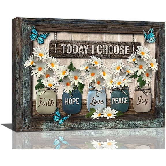 Farmhouse Flower Canvas Wall Art Daisy Butterfly Wall Decor Today I Choose Quotes Country Painting Picture Canvas Prints Framed Artwork for Living Room Bedroom Bathroom 16"x12"