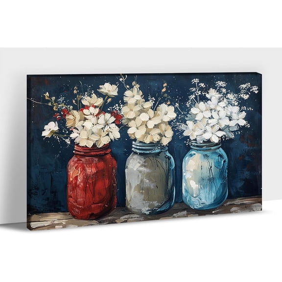 Farmhouse Flower Canvas Wall Art, Vintage White Flower Red Gray Blue Mason Jar Pictures Wall Decor for Bathroom, Rustic Farmhouse Wall Art Pictures for Bedroom, Living Room, Kitchen Decor 12x18 Inch