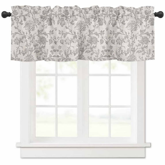 Farmhouse Flower Curtain Valance for Windows/Kitchen/Living Room/Bedroom, Botanical Vintage Grey Leaf Plant Rod Pocket Window Treatment Short Drape Topper Small Tier Cafe Curtains Panel 54X18