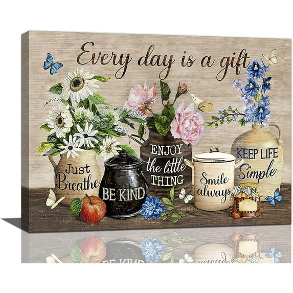 Farmhouse Flower Decor Wall Art Rustic Floral Inspirational Quotes Every Day Is A Gift Pictures Wall Decor Canvas Painting Prints Artwork Home Decor Framed for Bathroom Bedroom Kitchen 16"x12"