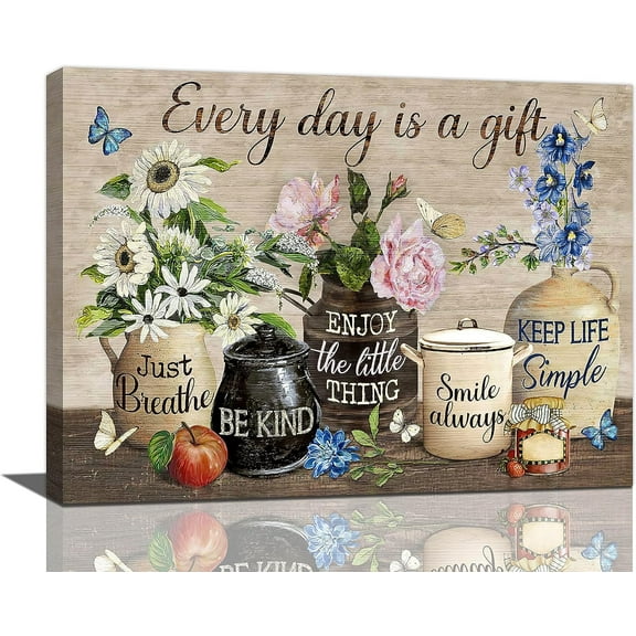 Farmhouse Flower Decor Wall Art Rustic Floral Inspirational Quotes Every Day Is A Gift Pictures Wall Decor Canvas Painting Prints Artwork Home Decorations Framed for Bathroom Bedroom Kitchen 20"x16"