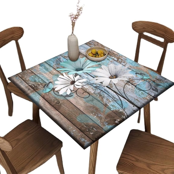 Farmhouse Flower Floral Fitted Tablecloth Square, Rustic Teal Turquoise Daisy Oil-Proof Elastic Edged Table Cover, for Kitchen Dining, Party, Holiday, Christmas, Buffet, Fits To 32 x 32 In Table