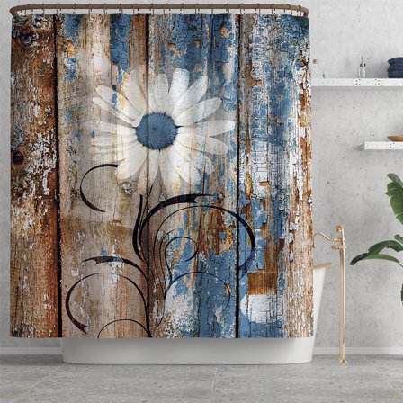 Farmhouse Flower Floral Shower Curtain,Blue Brown Rustic Daisy Shower Curtain Set,Country Blue Wild Garden Plant Fabric Shower Curtain with Hooks,Surreal Bathroom Curtain,72x72inch
