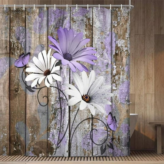 Farmhouse Flower Floral Shower Curtain, Rustic Blue Daisy Shower Curtain Set, Country Blue Wild Garden Plant Fabric Shower Curtain, Brown Wooden Board Bathroom Curtain, Gift for Her