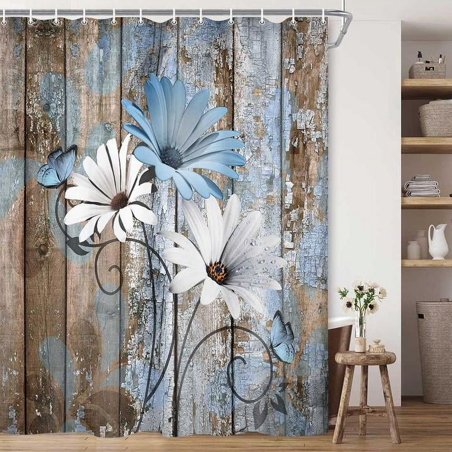 Farmhouse Flower Floral Shower Curtain, Rustic Blue Daisy Shower Curtain Set, Country Blue Wild Garden Plant Fabric Shower Curtain with Hooks, Brown Wooden Board Bathroom Curtain, 69x70inch