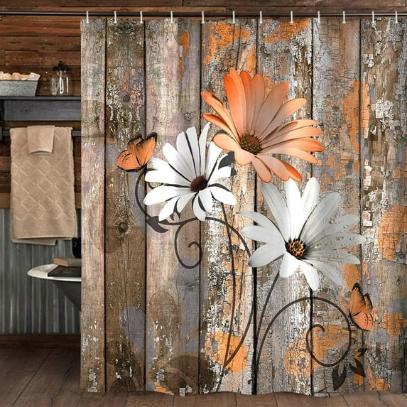 Farmhouse Flower Floral Shower Curtain, Rustic Orange Daisy Shower Curtain Set, Country Orange Wild Garden Plant Fabric Shower Curtain with Hooks, Brown Wooden Board Bathroom Curtain, 36x70inch