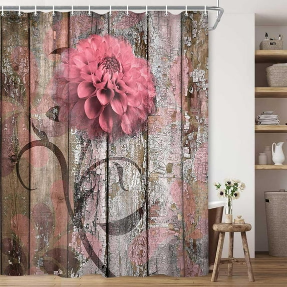 Farmhouse Flower Floral Shower Curtain, Rustic Pink Dahlia Shower Curtain Set, Country Pink Wild Garden Plant Waterproof Fabric Shower Curtain with Hooks, Surreal Bathroom Curtain, 72X84inch\u2026