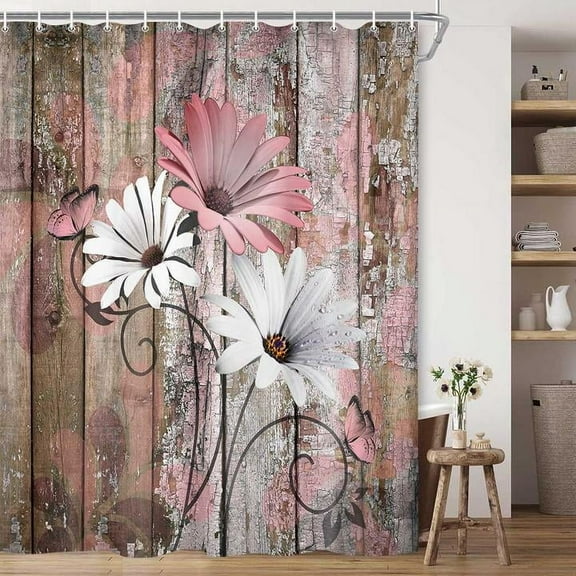 Farmhouse Flower Floral Shower Curtain, Rustic Pink Daisy Shower Curtain Set, Country Pink Wild Garden Plant Fabric Shower Curtain with Hooks, Brown Wooden Board Bathroom Curtain, 69x70inch
