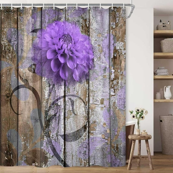 Farmhouse Flower Floral Shower Curtain, Rustic Purple Dahlia Shower Curtain Set, Country Purple Wild Garden Plant Waterproof Fabric Shower Curtain with Hooks, Surreal Bathroom Curtain, 36x70inch