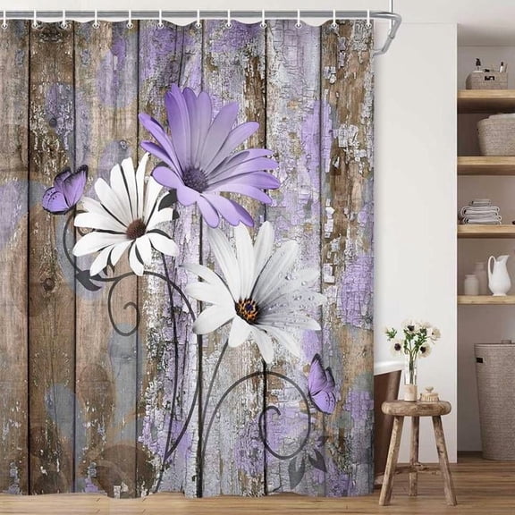 Farmhouse Flower Floral Shower Curtain, Rustic Purple Daisy Shower Curtain Set, Country Purple Wild Garden Plant Fabric Shower Curtain with Hooks, Brown Wooden Board Bathroom Curtain, 60x70inch