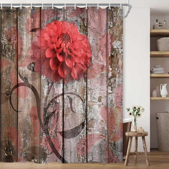 Farmhouse Flower Floral Shower Curtain, Rustic Red Dahlia Shower Curtain Set, Country Red Wild Garden Plant Waterproof Fabric Shower Curtain with Hooks, Surreal Bathroom Curtain, 69x84inch\u2026