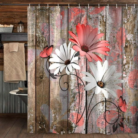 Farmhouse Flower Floral Shower Curtain, Rustic Red Daisy Shower Curtain Set, Country Red Wild Garden Plant Fabric Shower Curtain with Hooks, Brown Wooden Board Bathroom Curtain, 69x70inch