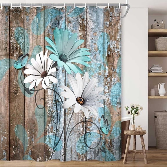 Farmhouse Flower Floral Shower Curtain, Rustic Teal Turquoise Daisy Shower Curtain Set, Country Blue Wild Garden Plant Fabric Shower Curtain with Hooks, Surreal Bathroom Curtain, 36x70inch