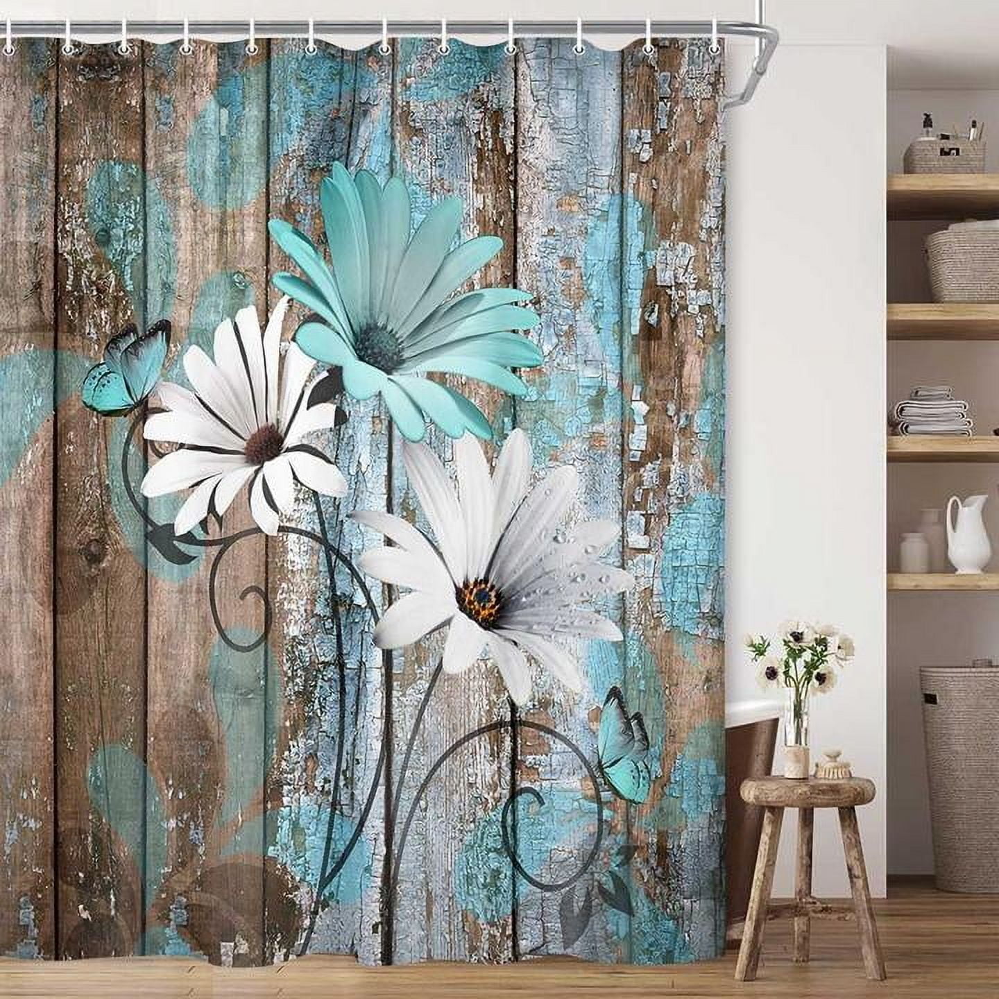 Farmhouse Flower Floral Shower Curtain, Rustic Teal Turquoise Daisy Shower Curtain Set, Country Blue Wild Garden Plant Fabric Shower Curtain with Hooks, Surreal Bathroom Curtain, 70x84inch