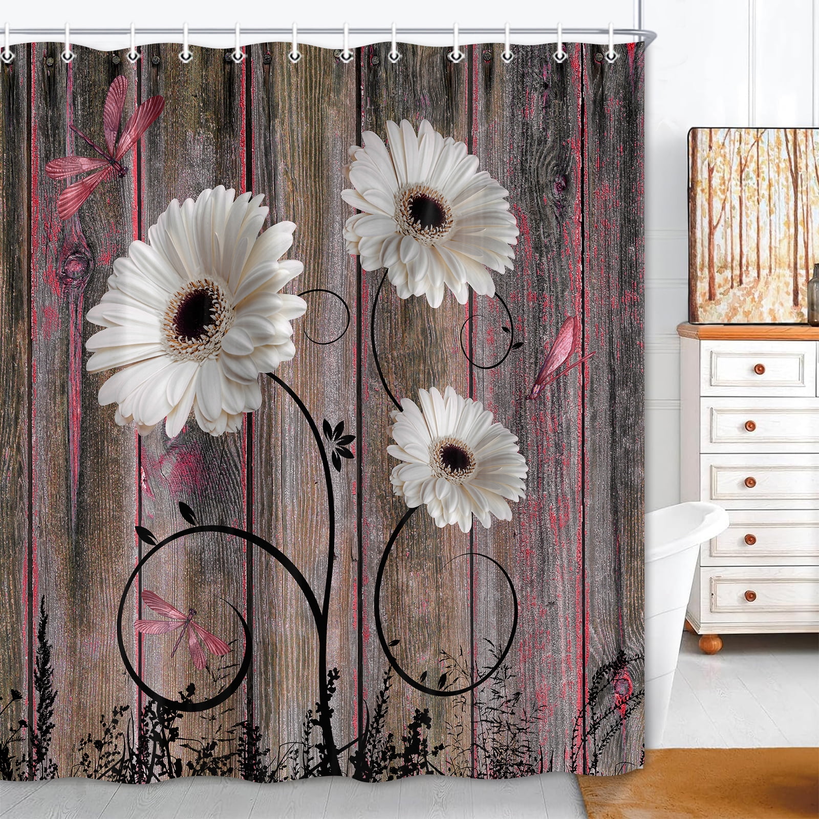 Set Of 12 Daisy Shower Curtain Hooks - Rustproof Chrome-Plated Double Hooks For Curtain & Liner (Silver)