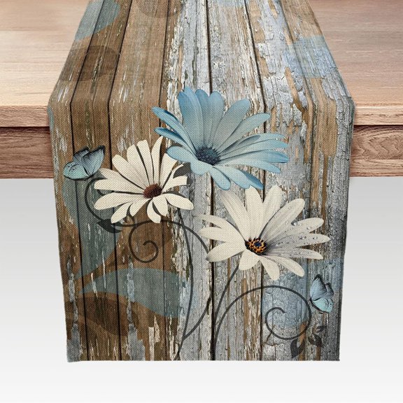 Farmhouse Flower Floral Table Runner, Rustic Blue Daisy Bath Outhouse Country Linen Kitchen Dining Table Runners for Indoor Outdoor Home Party Holiday Decor 13X72Inch