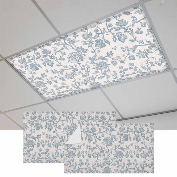 Farmhouse Flower Fluorescent Light Covers, Botanical Vintage Light Blue Leaf Magnetic Light Covers for Ceiling Lights, Fluorescent Ceiling Shade Filters for Classroom Bedroom Office 4x2Ft x 2PCS