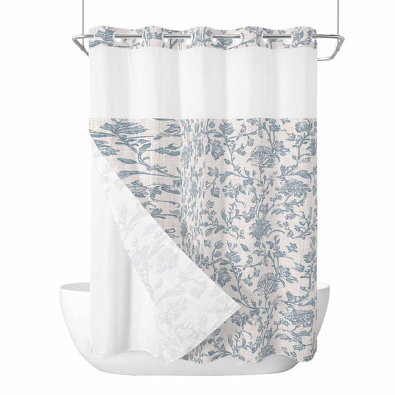 Farmhouse Flower No Hook Shower Curtain Waterproof, Bathroom Curtains with Snap in Liners and See Through Top Window, Botanical Vintage Light Blue Leaf Hotel Style Bathtub Curtains Shower 72"Wx84"L