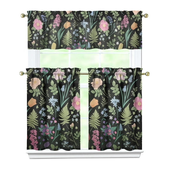 Farmhouse Flower Kitchen Curtains Set with Valance and Tiers Semi-Sheer