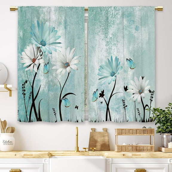 Farmhouse Flower Kitchen Curtains Teal Rustic Daisy Floral Small Short Cafe Window Curtains Country Vintage Turquoise Rod Pocket Bathroom Window Drapes Treatment Tier Curtains (26x24 Inch)