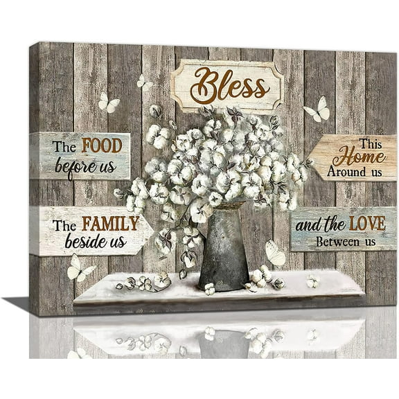 Farmhouse Flower Kitchen Decor Wall Art Rustic Farm Cotton Bless Family Christian Pictures Wall Decor Canvas Painting Prints Artwork Home Decorations Framed for Kitchen Bedroom Dining Room 16"x12"