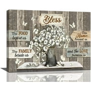 Farmhouse Flower Kitchen Decor Wall Art Rustic Farm Cotton Bless Family Christian Pictures Wall Decor Canvas Painting Prints Artwork Home Decorations Framed for Kitchen Bedroom Dining Room 16"x12"