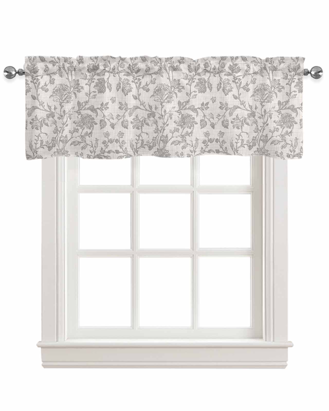 Farmhouse Flower Kitchen Valances for Windows Farmhouse Linen Window Valance Curtain for Living Room Window Treatment Botanical Vintage Grey Leaf Plant Valance Rod Pocket Topper Drape, 42 x 18 Inch